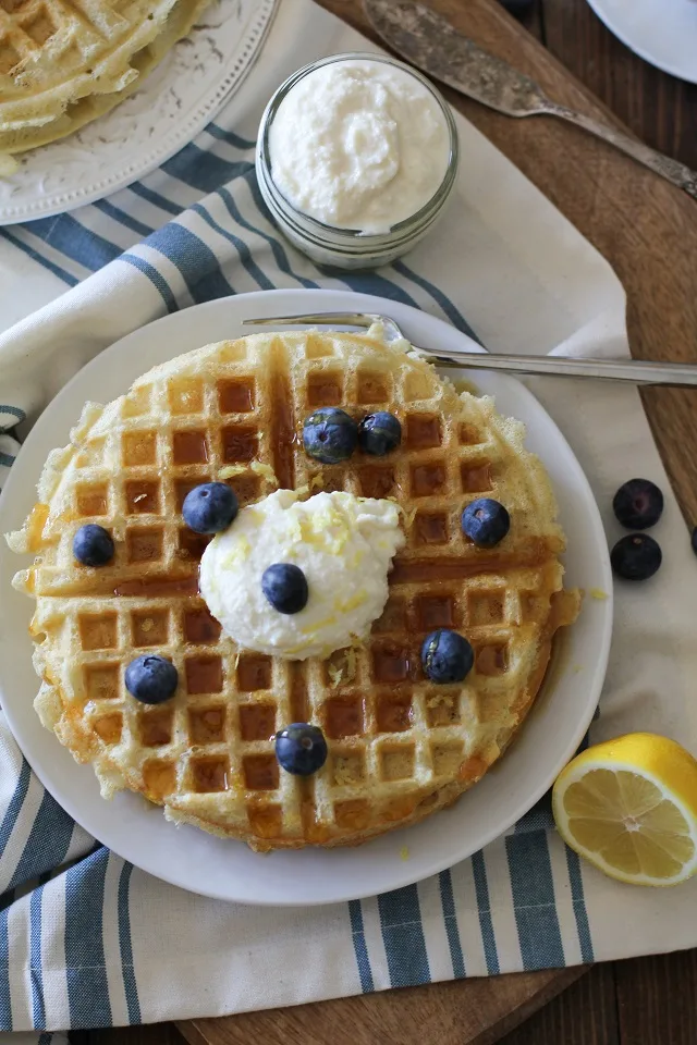 Yeasted Buttermilk Waffles with Honey-Lemon Ricotta | theroastedroot.net #brunch #recipe @redstaryeast