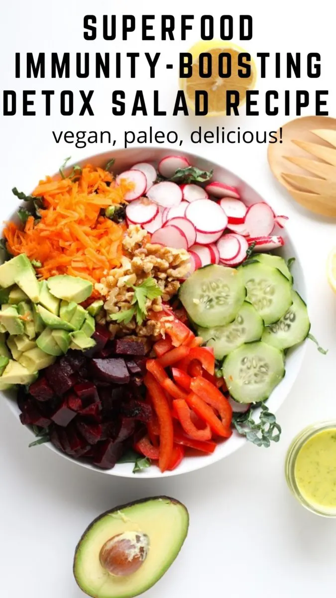 Detox Kale Salad Recipe with avocado, beets, cucumber, carrot, lemon-parsley dressing, and more! Loaded with superfood nutrients!