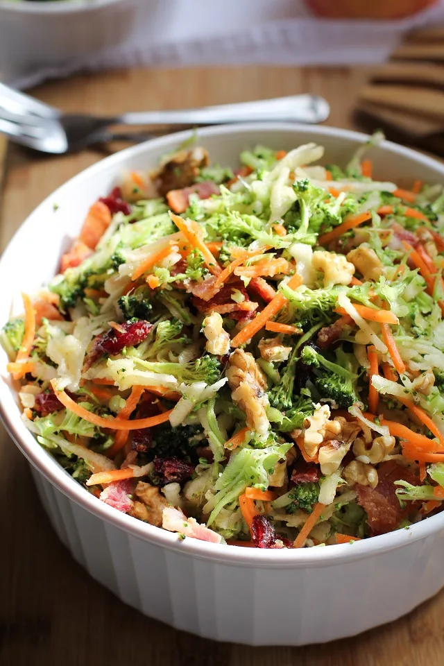 Grated Broccoli Salad with Walnuts, Bacon, and Citrus-Bacon Vinaigrette