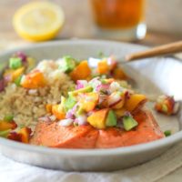 Grilled Salmon with Grilled Peach and Avocado Salsa | theroastedroot.net #grilled #bbq #healthy #dinner #paleo