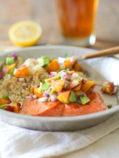 Grilled Salmon with Grilled Peach and Avocado Salsa | theroastedroot.net #grilled #bbq #healthy #dinner #paleo