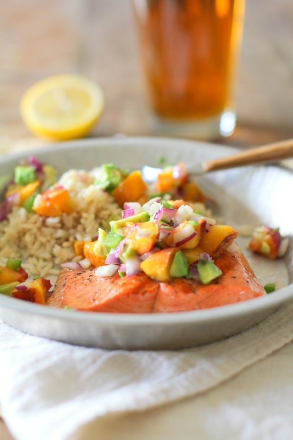 Grilled Salmon with Grilled Peach and Avocado Salsa | theroastedroot.net #grilled #bbq #healthy #dinner #paleo