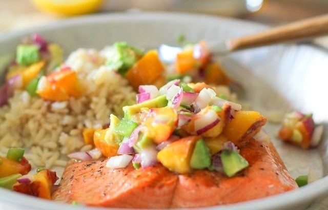Grilled Salmon with Grilled Peach and Avocado Salsa | theroastedroot.net #grilled #bbq #healthy #dinner #paleo