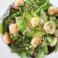 Grilled Shrimp and Asparagus Salad with Lemon-Pesto Dressing | theroastedroot.net #dinner #recipe #paleo #healthy