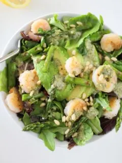 Grilled Shrimp and Asparagus Salad with Lemon-Pesto Dressing | theroastedroot.net #dinner #recipe #paleo #healthy