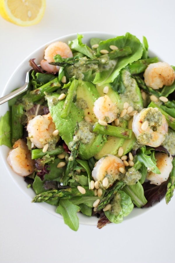 Grilled Shrimp and Asparagus Salad with Lemon-Pesto Dressing | theroastedroot.net #dinner #recipe #paleo #healthy