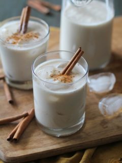 Naturally Sweetened Horchata Cocktails | theroastedroot.net #bourbon #cincodemayo #cocktail #recipe #sugarfree #vegan #dairyfree