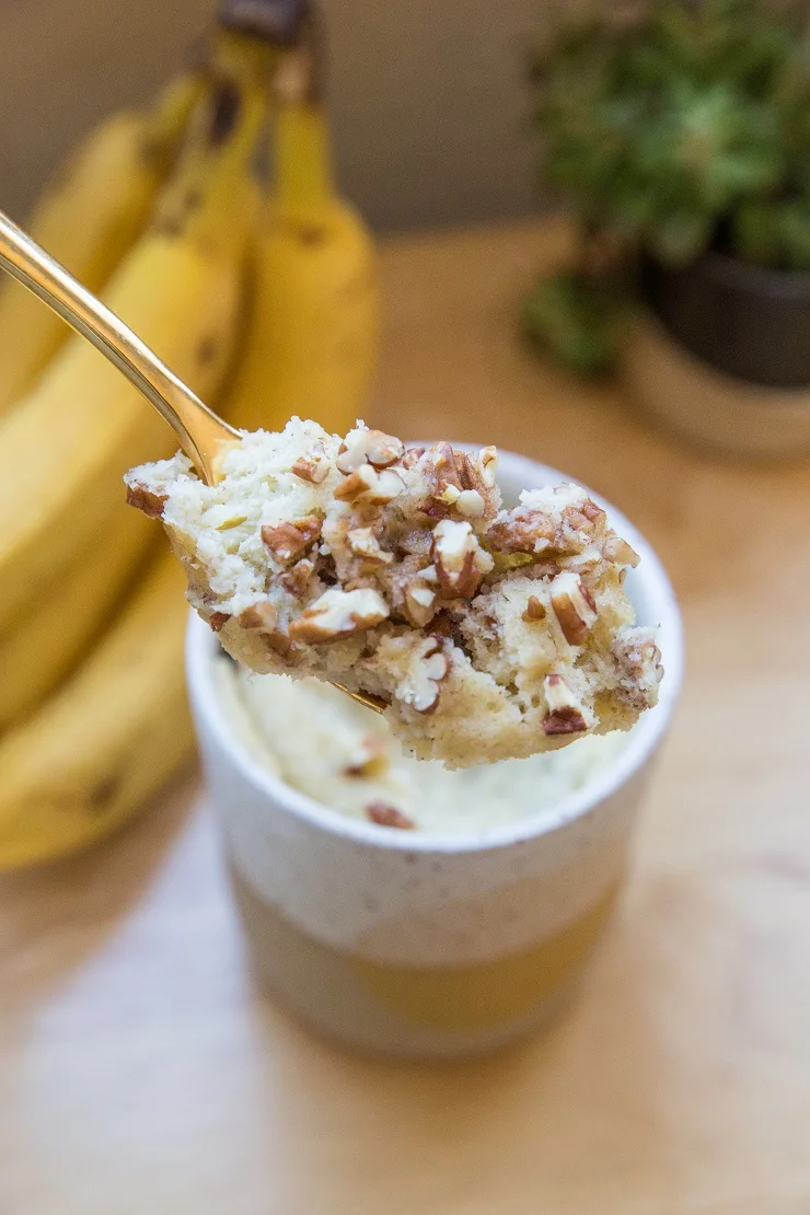 Paleo Banana Mug Cake made with almond flour or coconut flour. A healthy dessert or breakfast!