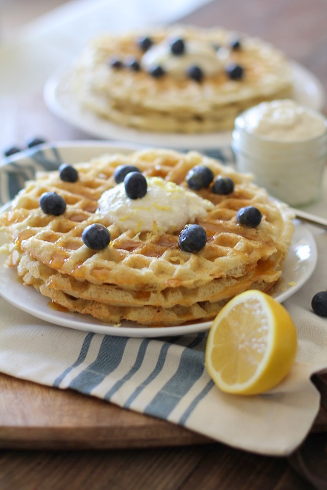 Yeasted Buttermilk Waffles with Honey-Lemon Ricotta | theroastedroot.net #brunch #recipe @redstaryeast