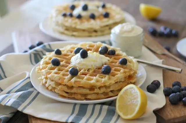 Yeasted Buttermilk Waffles with Honey-Lemon Ricotta | theroastedroot.net #brunch #recipe @redstaryeast
