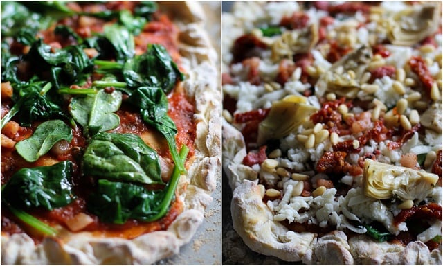 Prosciutto, Artichoke Heart, and Sun-Dried Tomato Pizza with Pine Nuts and Spinach | theroastedroot.net #glutenfree #pizza @bobsredmill @roastedroot