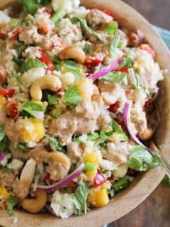 Thai Cauliflower Rice with Ginger-Almond Dressing | theroastedroot.net #paleo #recipe #grainfree #healthy