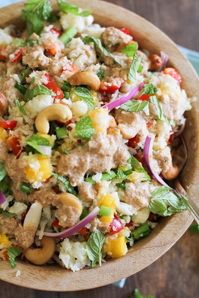 Thai Cauliflower Rice with Ginger-Almond Dressing | theroastedroot.net #paleo #recipe #grainfree #healthy