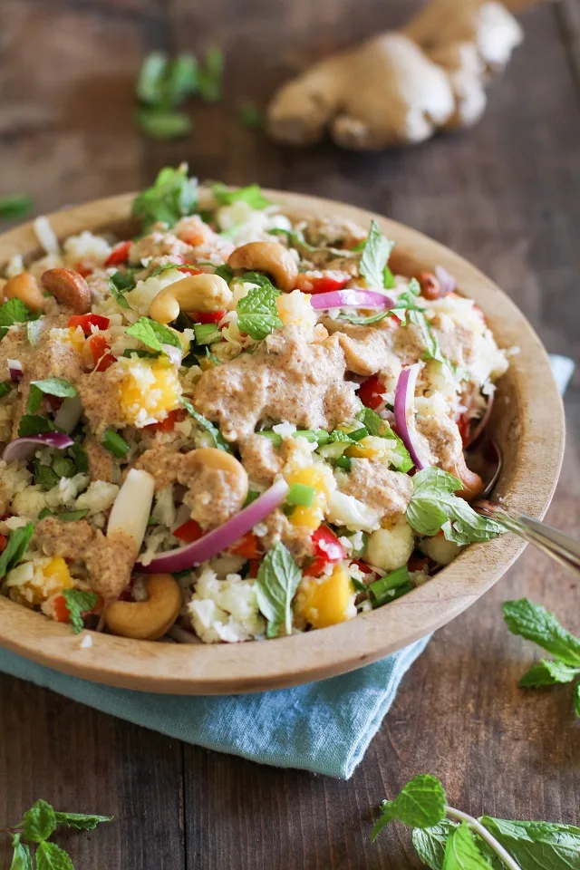 Thai Cauliflower Rice with Ginger-Almond Dressing | theroastedroot.net #paleo #recipe #grainfree #healthy