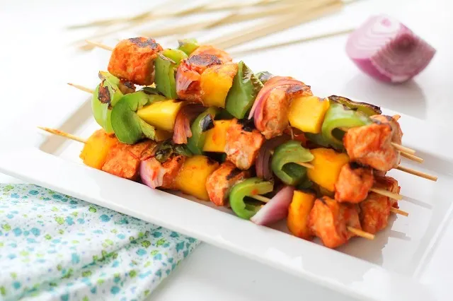Harissa Teriyaki Grilled Chicken Skewers with Mango | theroastedroot.net #grilled #bbq #healthy @roastedroot