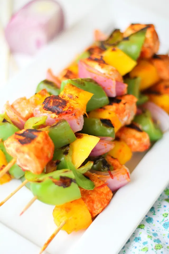Harissa Teriyaki Grilled Chicken Skewers with Mango | theroastedroot.net #grilled #bbq #healthy @roastedroot