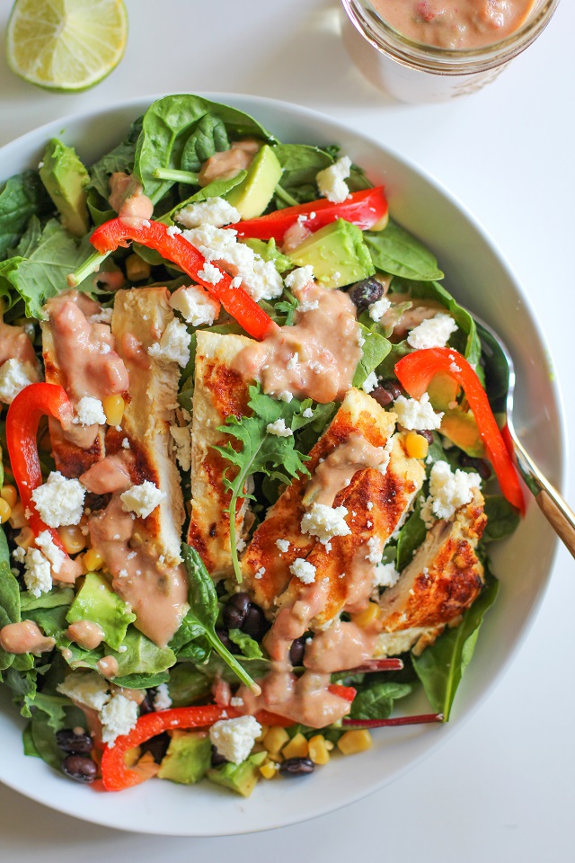 grilled chicken salad with hummus-salsa dressing