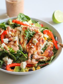 Hummus Marinated Grilled Chicken Salad with Hummus-Salsa Dressing - a filling and healthy Southwest-style entree salad. | theroastedroot.net @sabradippingco