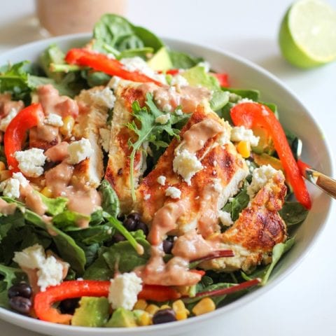 Hummus Marinated Grilled Chicken Salad with Hummus-Salsa Dressing - a filling and healthy Southwest-style entree salad. | theroastedroot.net @sabradippingco