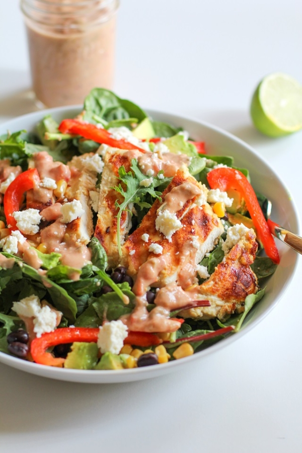 Hummus Marinated Grilled Chicken Salad with Hummus-Salsa Dressing - a filling and healthy Southwest-style entree salad. | theroastedroot.net @sabradippingco
