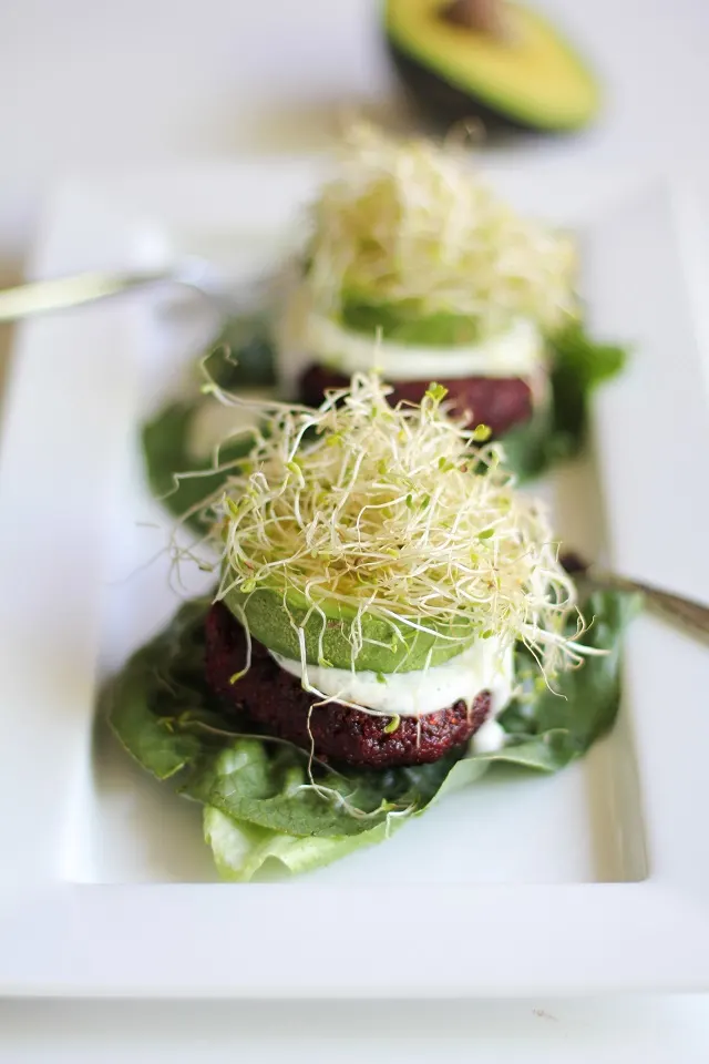 Indian-Spiced Beet Burgers with Lemon-Dill Yogurt Sauce | theroastedroot.net #glutenfree #healthy #vegetarian #recipe #veggieburger