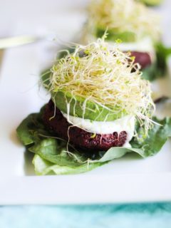 Indian-Spiced Beet Burgers with Lemon-Dill Yogurt Sauce | theroastedroot.net #glutenfree #healthy #vegetarian #recipe #veggieburger