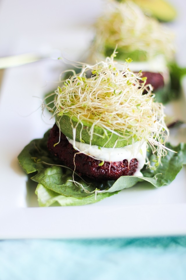 Indian-Spiced Beet Burgers with Lemon-Dill Yogurt Sauce | theroastedroot.net #glutenfree #healthy #vegetarian #recipe #veggieburger