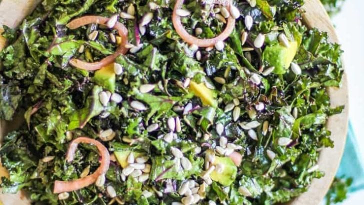 Massaged Kale Salad with Pickled Red Onions, avocado, and sunflower seeds - an easy and healthful kale salad recipe