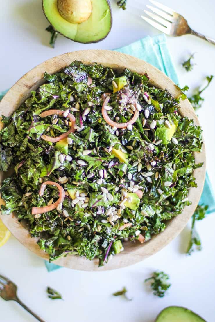 Massaged Kale Salad with Pickled Red Onions, avocado, and sunflower seeds - an easy and healthful kale salad recipe