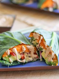 Roasted Sweet Potato and Cauliflower Rice Collard Wraps with avocado and almond ginger sauce - these healthy vegan wraps are perfect for lunch!