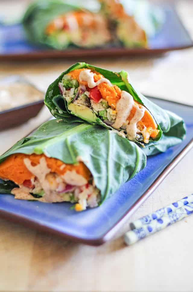 Collard Wraps with roasted sweet potatoes, Thai-style cauliflower rice, avocado, and almond-ginger sauce - a healthy vegan, plant-based meal!