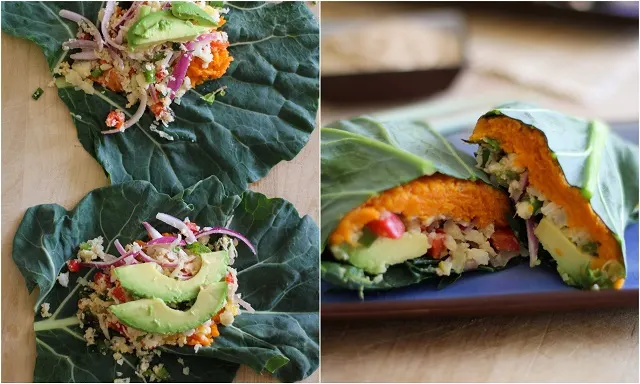 Roasted Sweet Potato and Cauliflower Rice Collard Wraps with Ginger-Almond Butter Sauce | theroastedroot.net #paleo #vegetarian #healthy #recipe