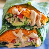 Collard Wraps with roasted mashed sweet potatoes, Thai cauliflower rice, avocado, and almond butter ginger dressing - a healthy plant-based vegan lunch recipeq