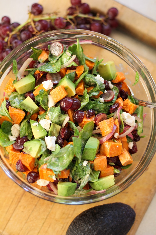 Roasted Sweet Potato Salad with Spinach, Grapes, Dried Cranberries, and Avocado | theroastedroot.net #vegan #vegetarian #healthy #recipe