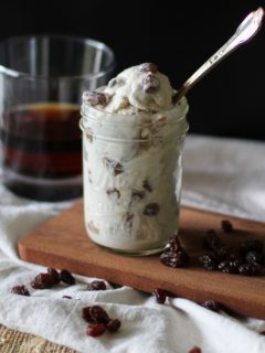 Rum Raisin Coconut Milk Ice Cream - vegan and refined sugar-free! Made with coconut milk and pure maple syrup for an easy 5-ingredient recipe. | theroastedroot.net #vegan #sugarfree #coconutmilk #rum #booze #recipe