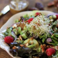 Spring Green Salad with kiwi, raspberries, cucumbers, sprouts, pecans, and date-balsamic vinaigrette | theroastedroot.net #vegetarian #recipe #healthy