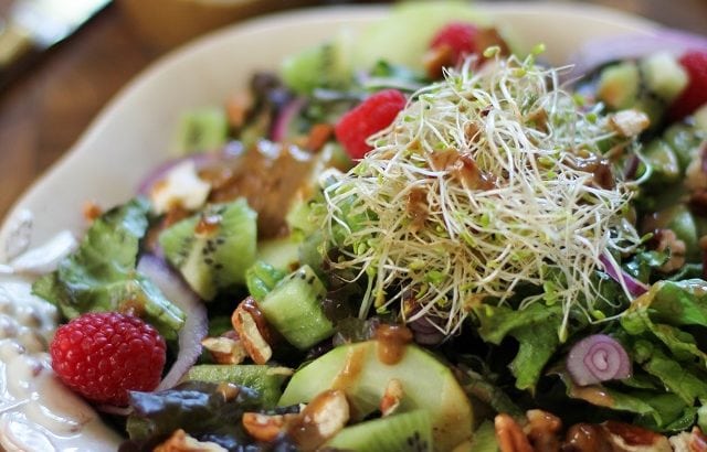 Spring Green Salad with kiwi, raspberries, cucumbers, sprouts, pecans, and date-balsamic vinaigrette | theroastedroot.net #vegetarian #recipe #healthy