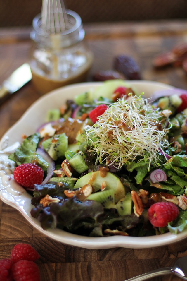 Spring Green Salad With Kiwi Raspberries And Date Balsamic