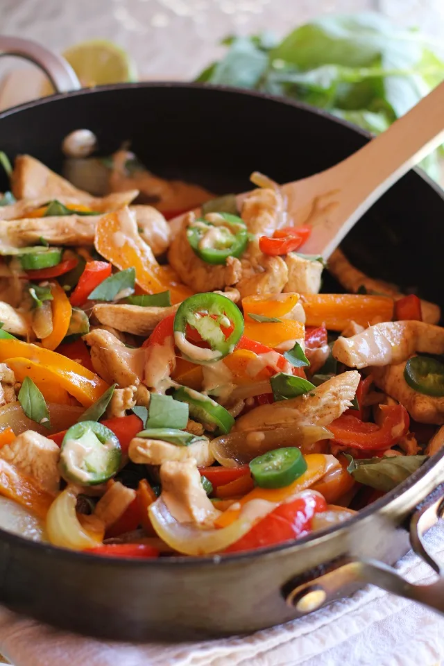 Thai Basil Chicken Stir Fry with Ginger Peanut Sauce | theroastedroot.net #recipe #healthy @roastedroot