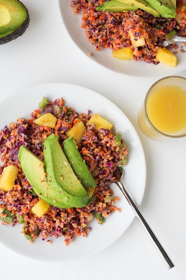 Tropical Rainbow Vegetable Rice with Red Cabbage, Golden Beets, Carrots, and Pineapple Coconut Tahini | theroastedroot.net