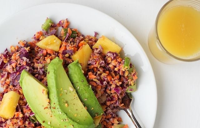 Tropical Rainbow Vegetable Rice with Red Cabbage, Golden Beets, Carrots, and Pineapple Coconut Tahini | theroastedroot.net