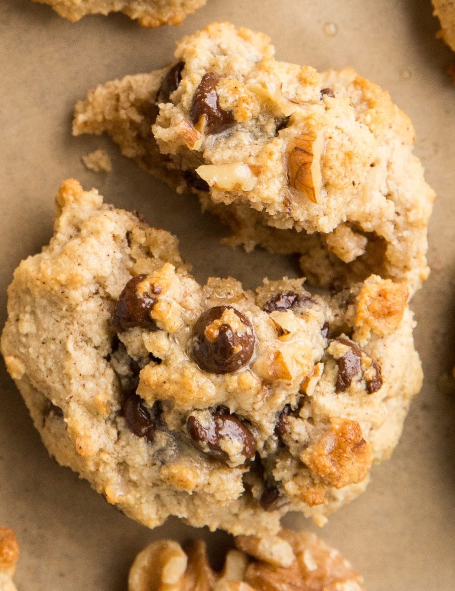 Close up top down photo of a paleo chocolate chip cookie