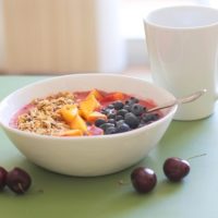 Cherry Coconut Smoothie Bowls with peaches, blueberries, and granola - a healthy vegan and paleo-friendly breakfast | theroastedroot.net #brunch #healthy #recipe