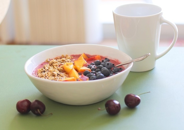 Cherry Coconut Smoothie Bowls with peaches, blueberries, and granola - a healthy vegan and paleo-friendly breakfast | theroastedroot.net #brunch #healthy #recipe