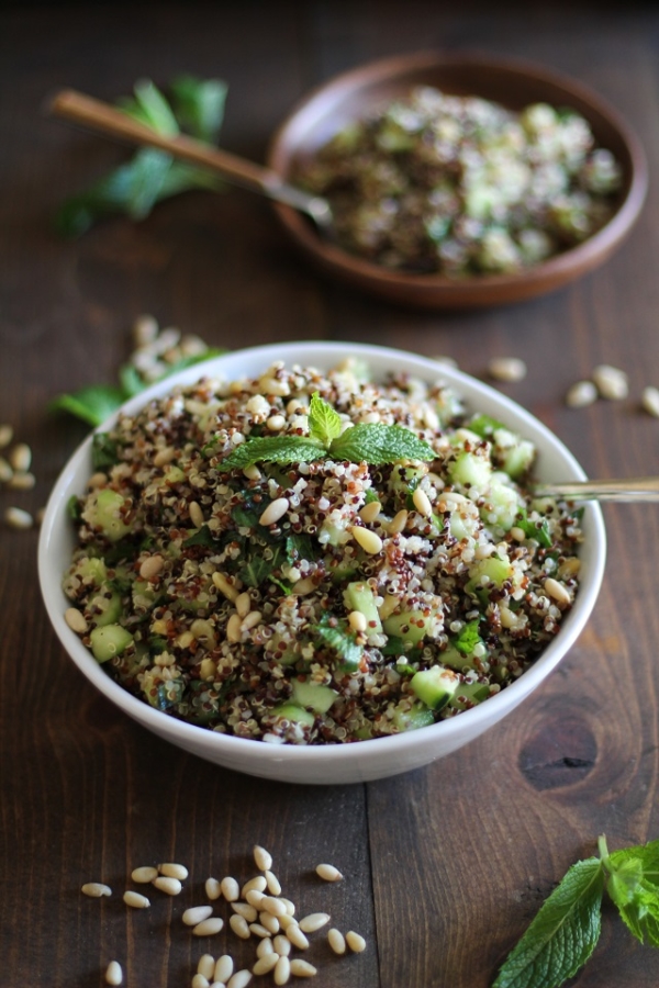 Refreshing tri-color quinoa salad with cucumber, mint, and lime dressing | theroastedroot.net #vegan #healthy #recipe #vegetarian