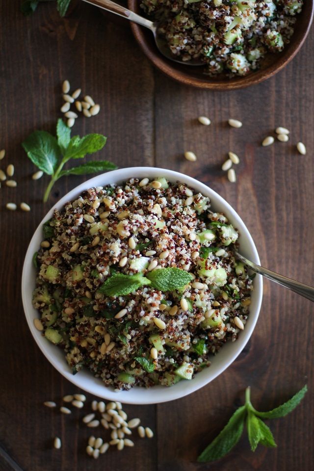 Refreshing tri-color quinoa salad with cucumber, mint, and lime dressing | theroastedroot.net #vegan #healthy #recipe #vegetarian