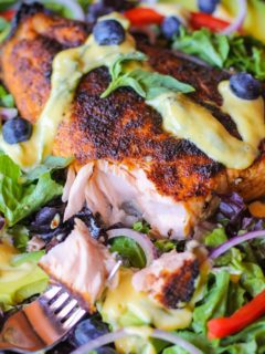 Crispy Jamaican Jerk Salmon Salad with Mango Vinaigrette. A vibrant, healthy dinner recipe!