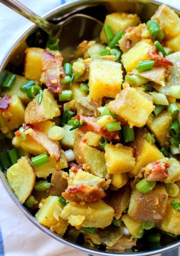 German Potato Salad with sweet potatoes, bacon, and bacon-cider dressing | theroastedroot.net #side_dish #paleo #summer #recipe
