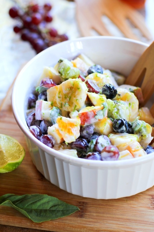 White bowl of fruit salad