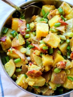 German Potato Salad with sweet potatoes, bacon, and bacon-cider dressing | theroastedroot.net #side_dish #paleo #summer #recipe
